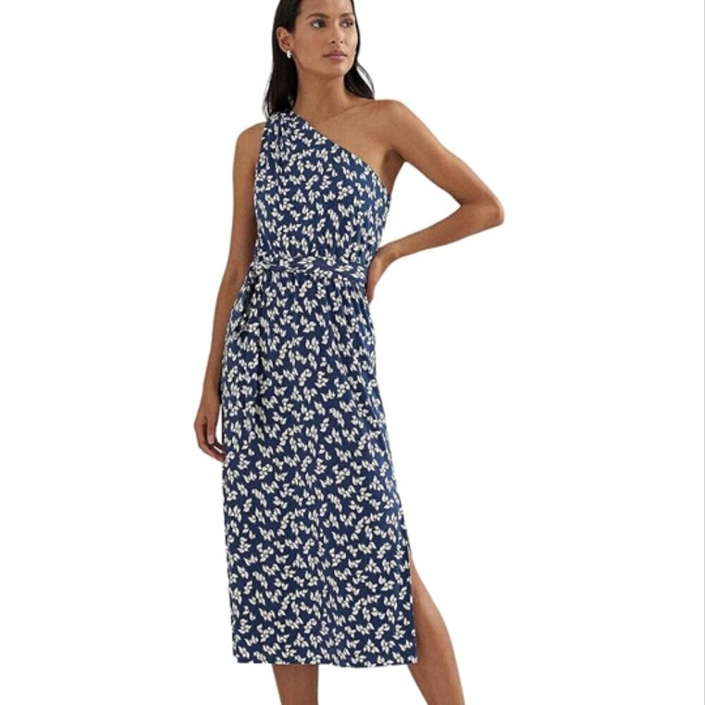 NEW Lauren Ralph Lauren Womens 12 One-Shoulder Midi Dress Blue & White Printed